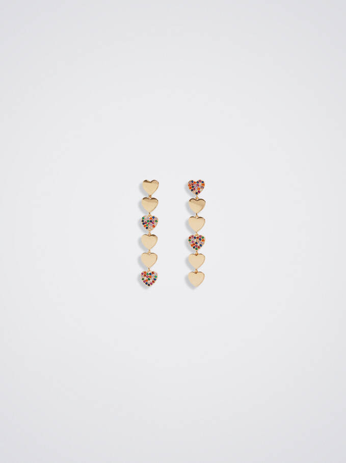 Golden Earrings With Heart And Zirconia, Golden, hi-res