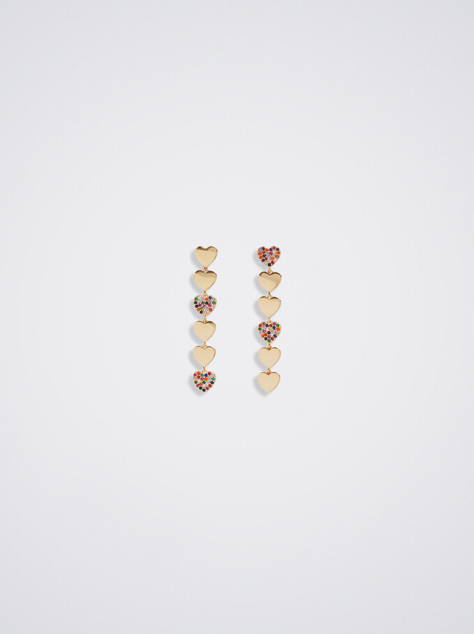 Golden Earrings With Heart And Zirconia, Golden, hi-res