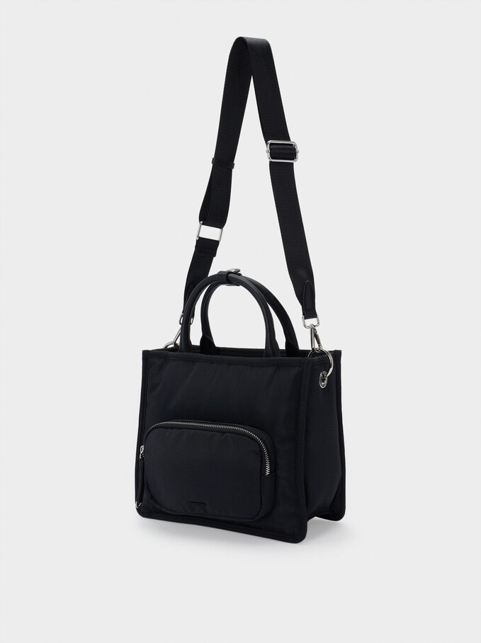 Nylon Tote Bag With Shoulder Strap, Black, hi-res