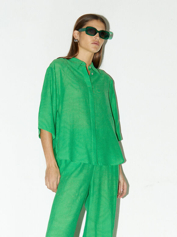 Jacquard Short-Sleeved Shirt, Green, hi-res