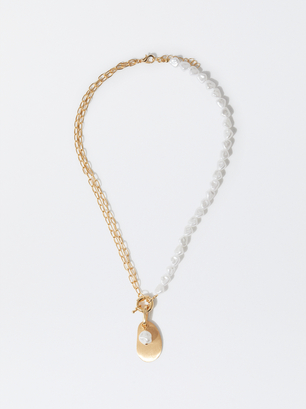 Golden Necklace With With Faux Pearls, Golden, hi-res