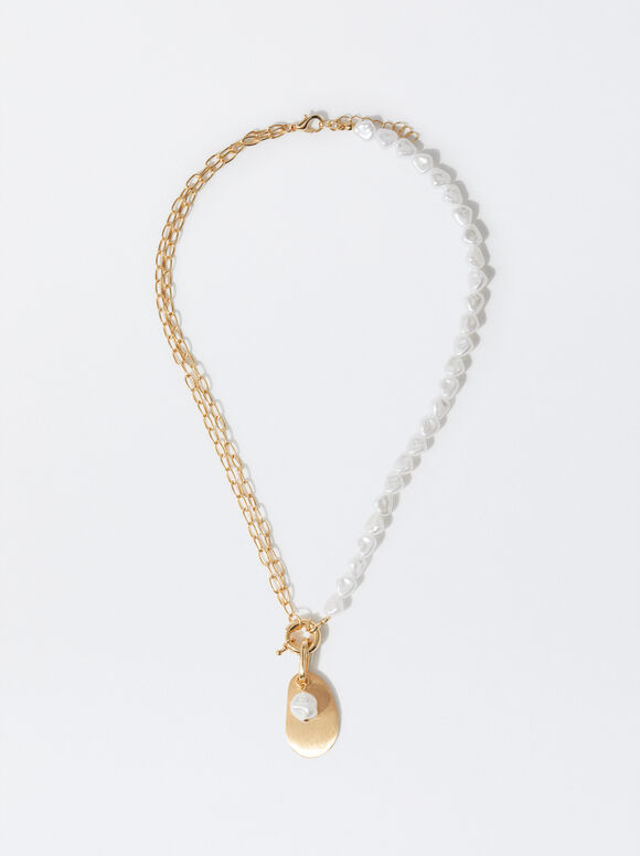 Golden Necklace With With Faux Pearls, Golden, hi-res