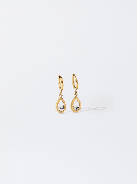 Steel Hoop Earrings With Crystals, Golden, hi-res