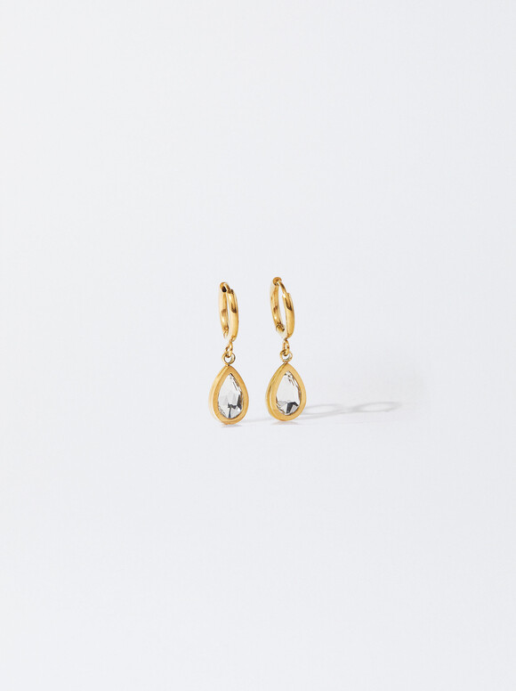 Steel Hoop Earrings With Crystals, Golden, hi-res