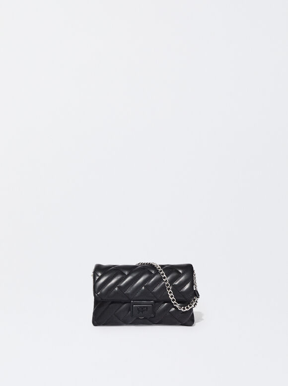 Quilted Crossbody Bag With Chain, Black, hi-res