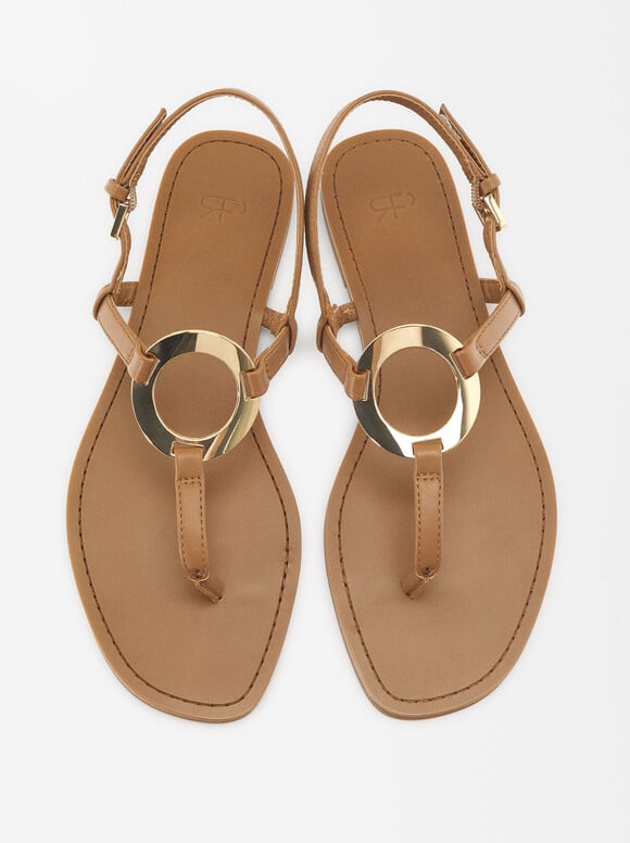 Flat Sandals With Metallic Detail, Camel, hi-res