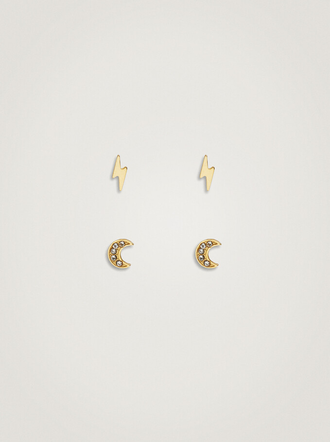 Set Of Stainless Steel Earrings With Strass, Golden, hi-res