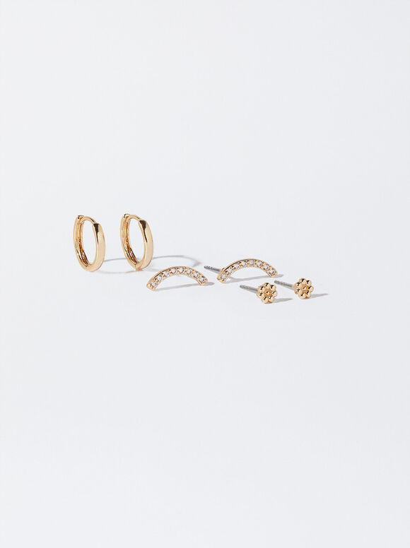 Set Of Gold-Toned Earrings With Cubic Zirconia, Golden, hi-res