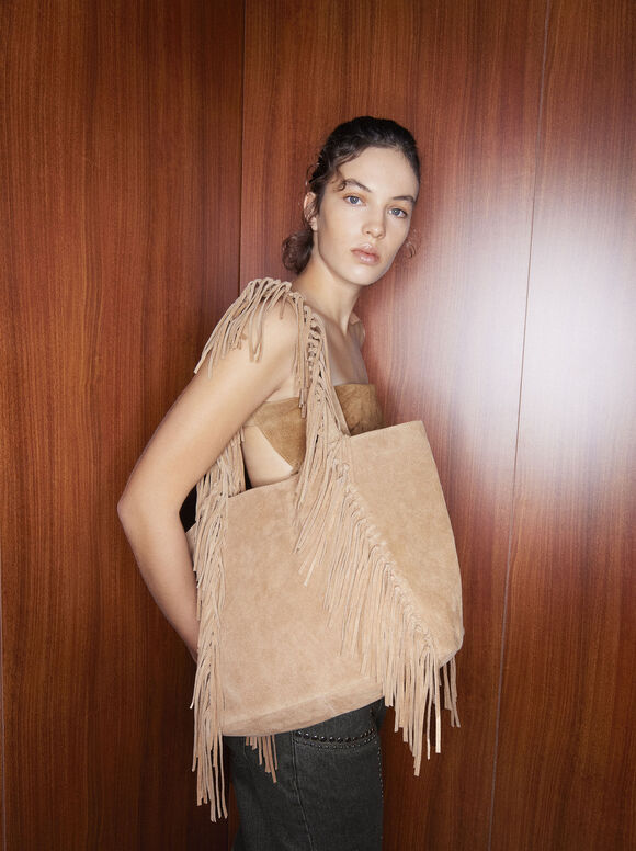 Leather Tote Bag With With Fringes, Camel, hi-res