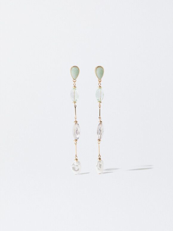 Long Earrings With Mini Stones, Green, hi-res