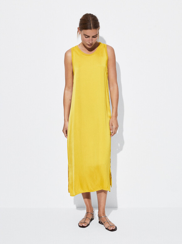 Satin Midi Dress, Yellow, hi-res