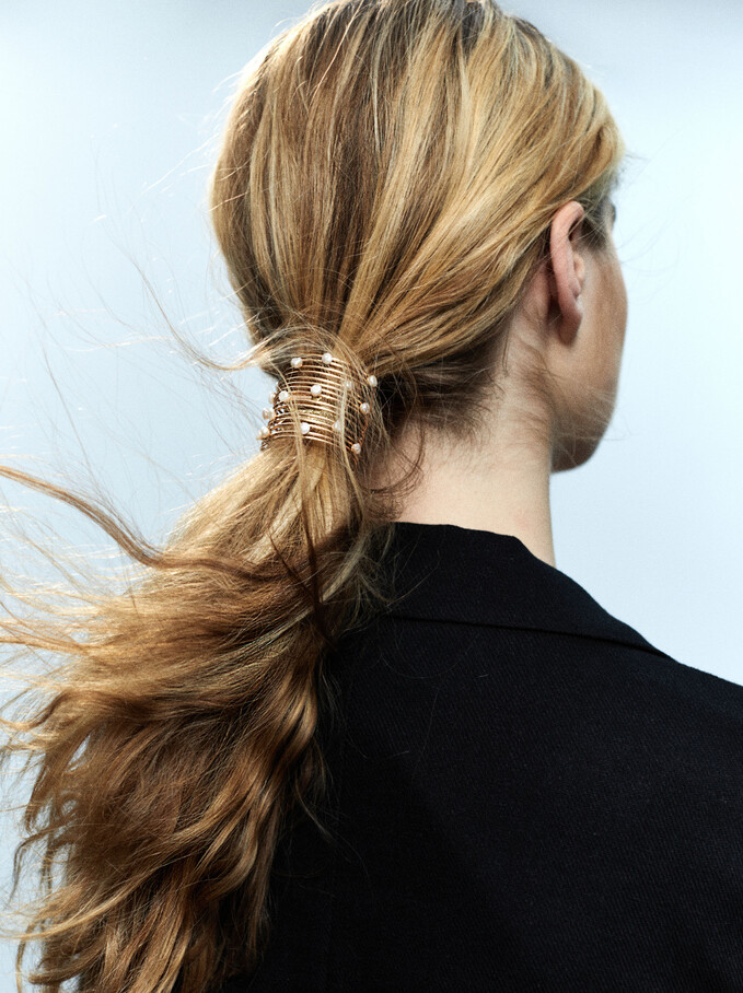 Élastique À Cheveux Avec Perles, Blanc, hi-res