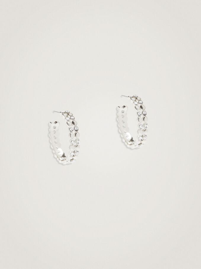 Golden Hoop Earrings With Strass, Silver, hi-res