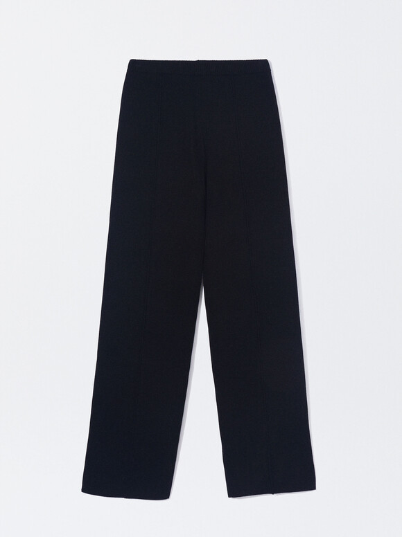 Straight Knit Trousers, Black, hi-res