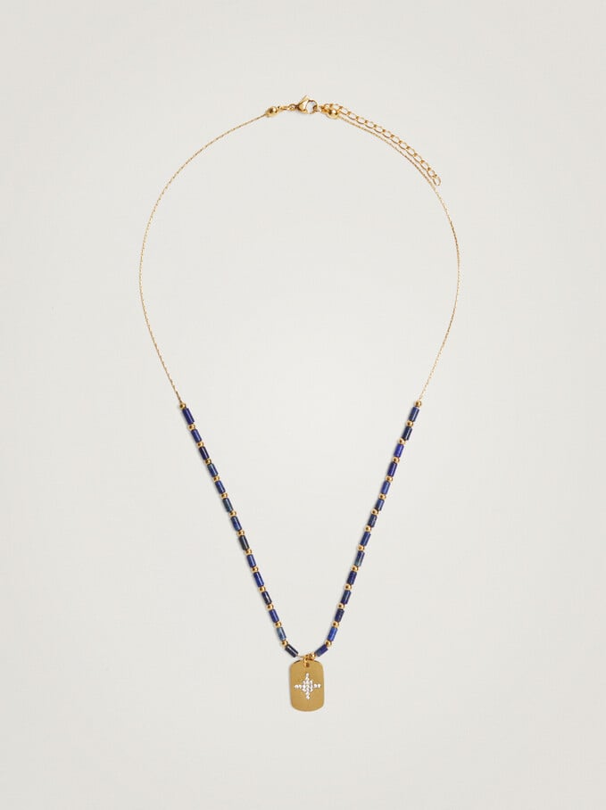 Short Steel Necklace With Stone And Charm, Navy, hi-res