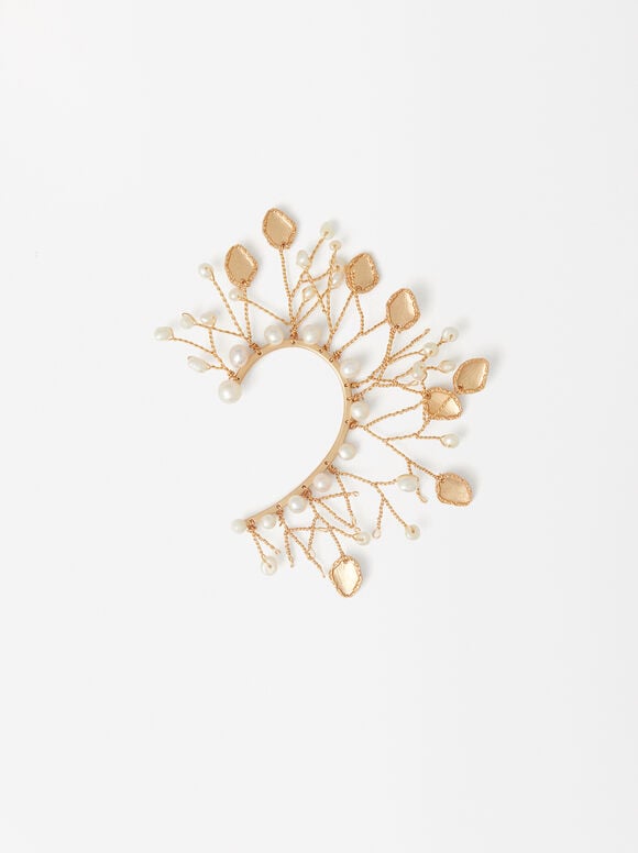 Golden Ear Cuff With Pearls, White, hi-res