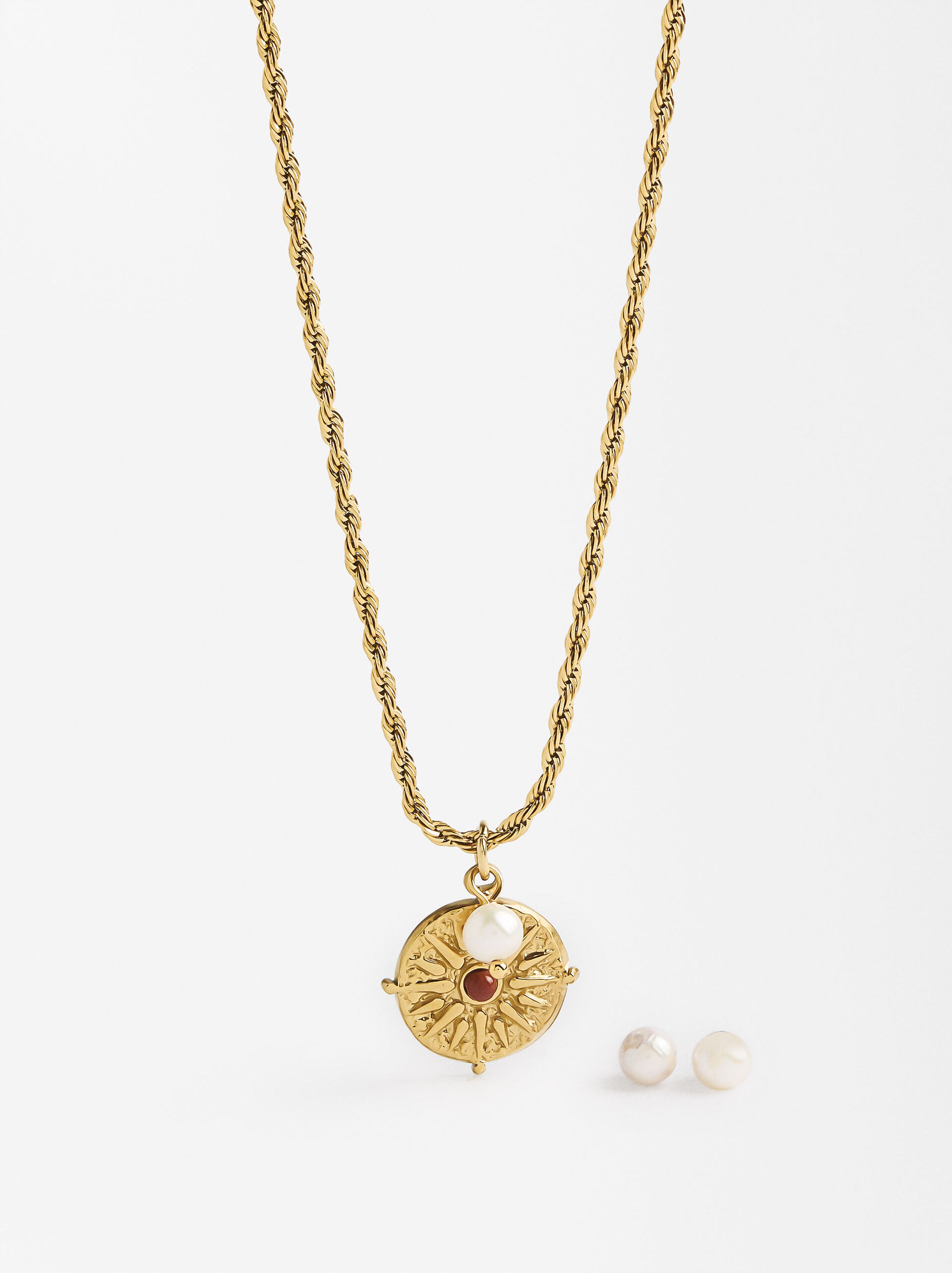 Set of necklace and earrings with pearl - stainless steel image number 0.0