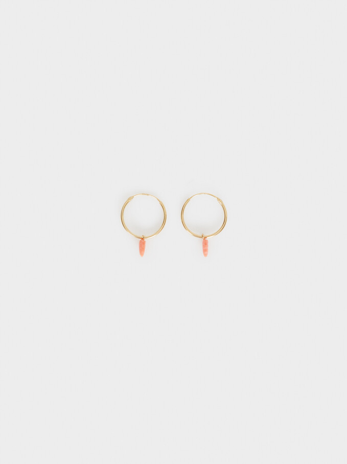 Short 925 Sterling Silver Leaf Hoops With Stones, Coral, hi-res