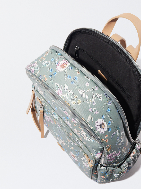 Floral Print Backpack, Khaki, hi-res