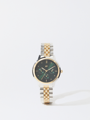 Watch With Two-Toned Steel Strap, Green, hi-res