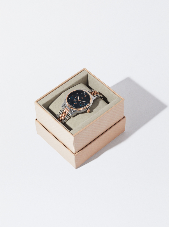 Watch With Two-Toned Steel Strap, Navy, hi-res