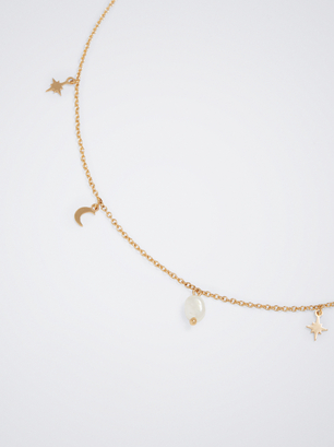 Golden Necklace With Pearl And Moon, Golden, hi-res