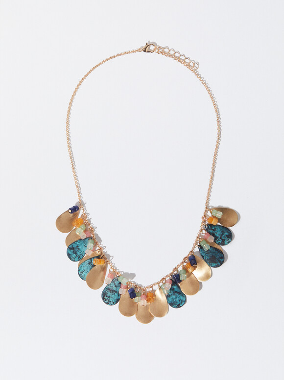 Golden Necklace With Stone, Multicolor, hi-res