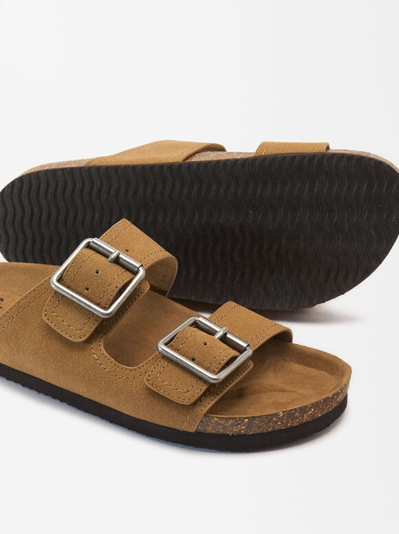Flat Sandals With Buckle, Beige, hi-res