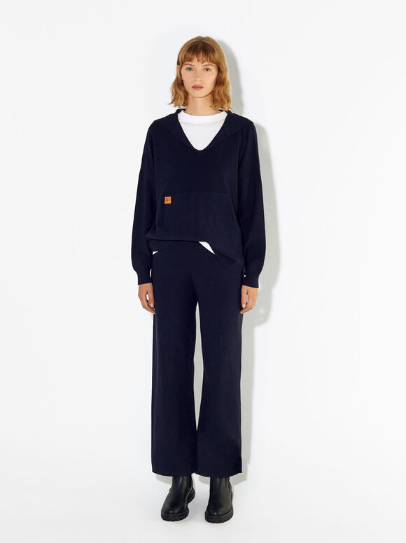 Straight Knit Trousers, Navy, hi-res