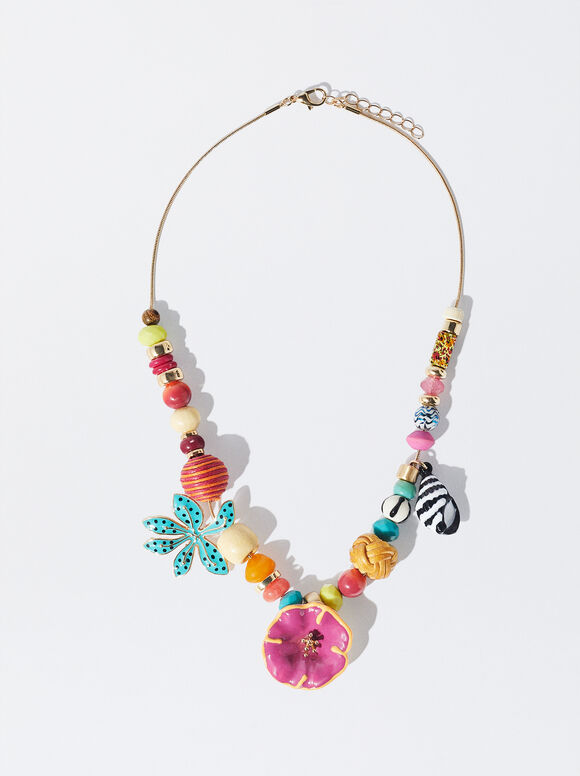 Flower And Shell Necklace, Multicolor, hi-res