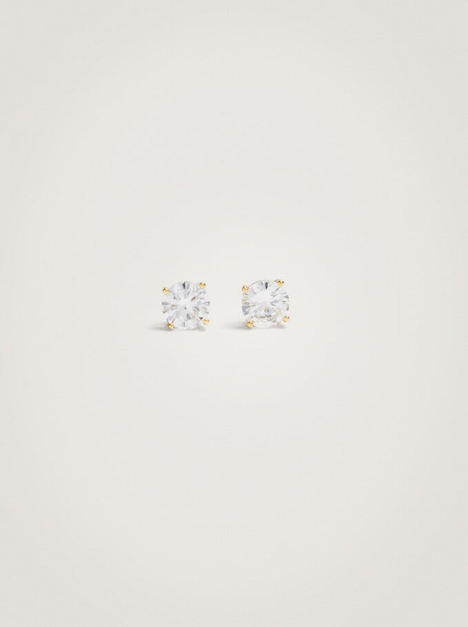925 Silver Stud Earrings With Zirconia, Golden, hi-res