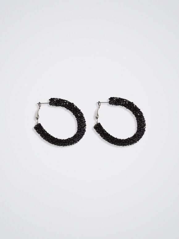 Medium Rhinestone Hoop Earrings, Black, hi-res