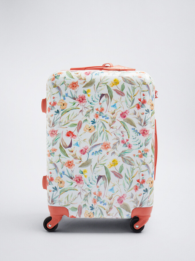 Valise Cabine Avec Imprimé Floral, Corail, hi-res