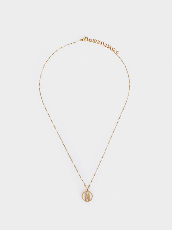 Short Steel Necklace With Letter N, Golden, hi-res