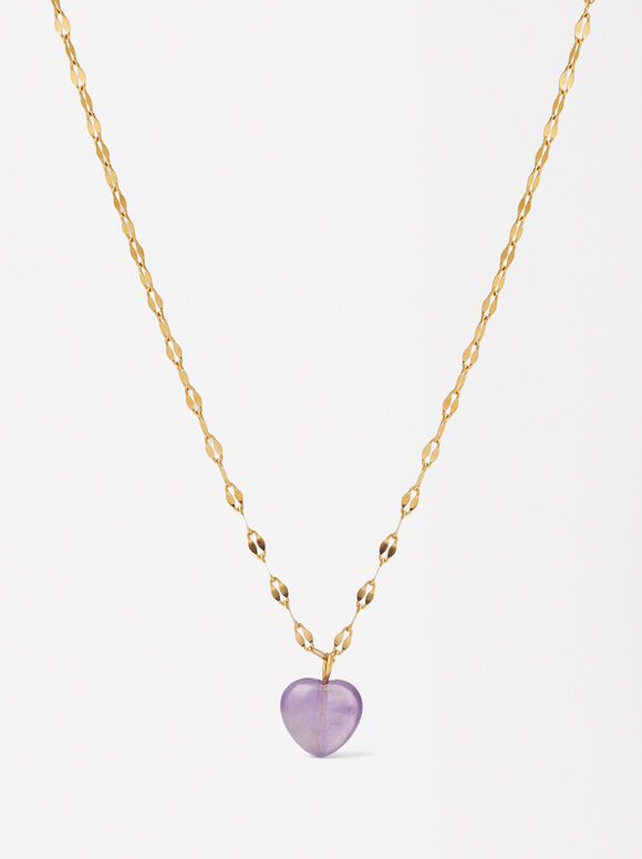 Heart Stone Necklace - Stainless Steel, Purple, hi-res