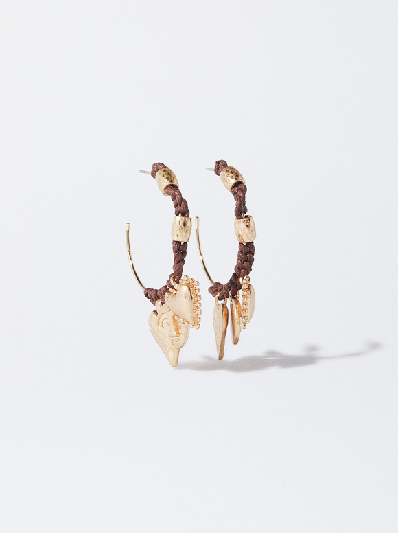 Golden Hoop Earrings With Hearts, Brown, hi-res