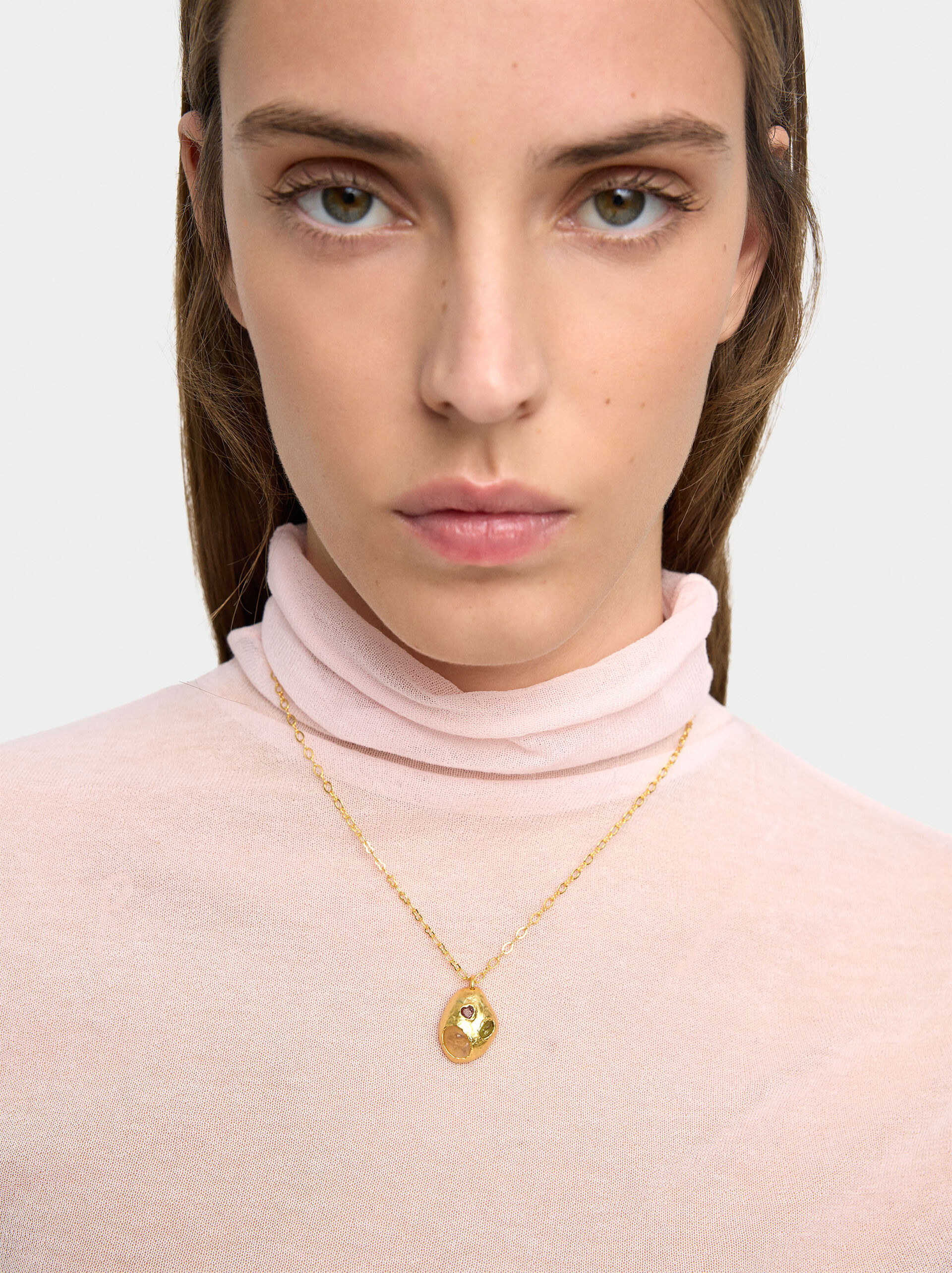 Oval pendant necklace with stones - 18k gold swim image number 1.0