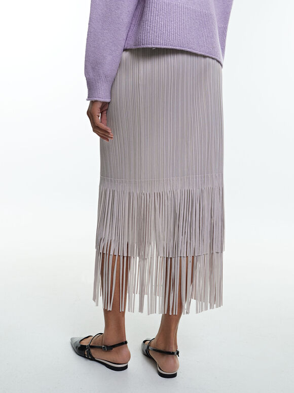 Pleated Skirt With Fringes, Pink, hi-res