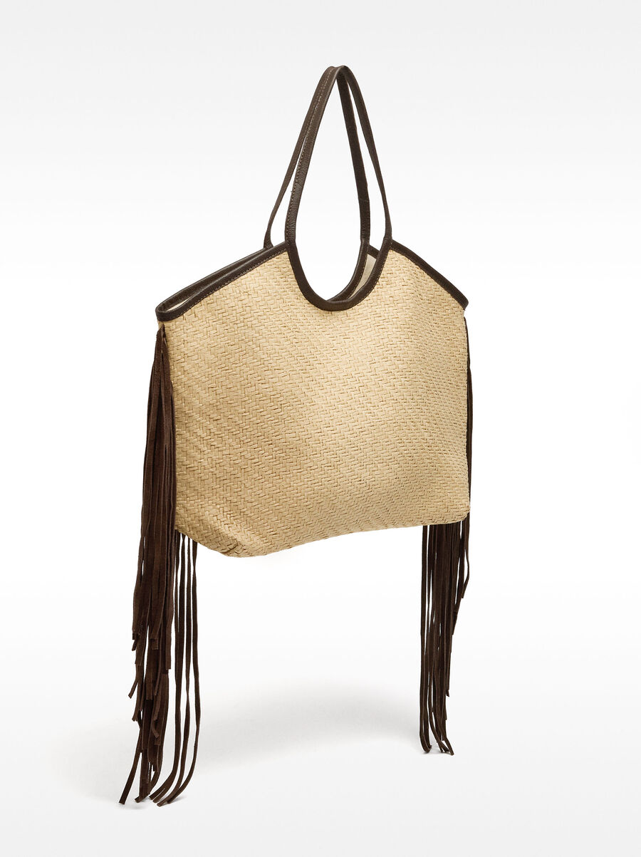 Raffia shopper bag with leather fringes