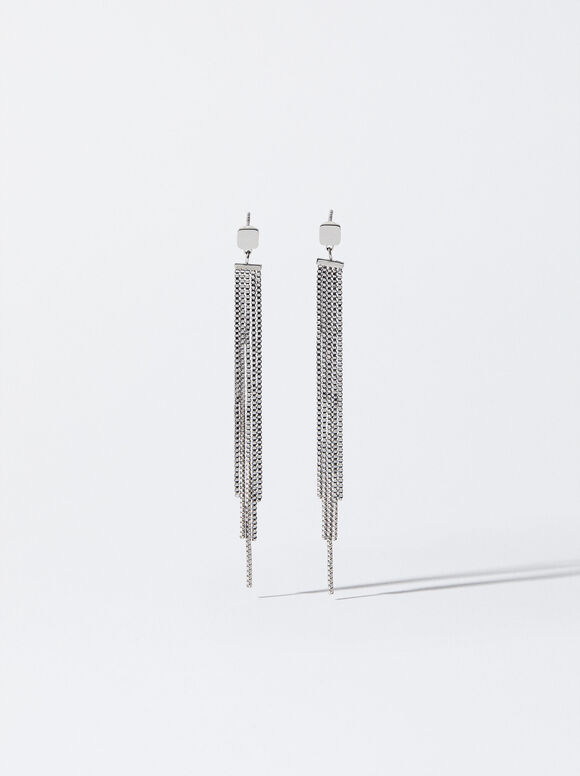 Stainless Steel Earrings With Strass, Silver, hi-res