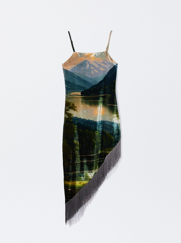 Asymmetrical Velvet Dress With Fringes, Multicolor, hi-res
