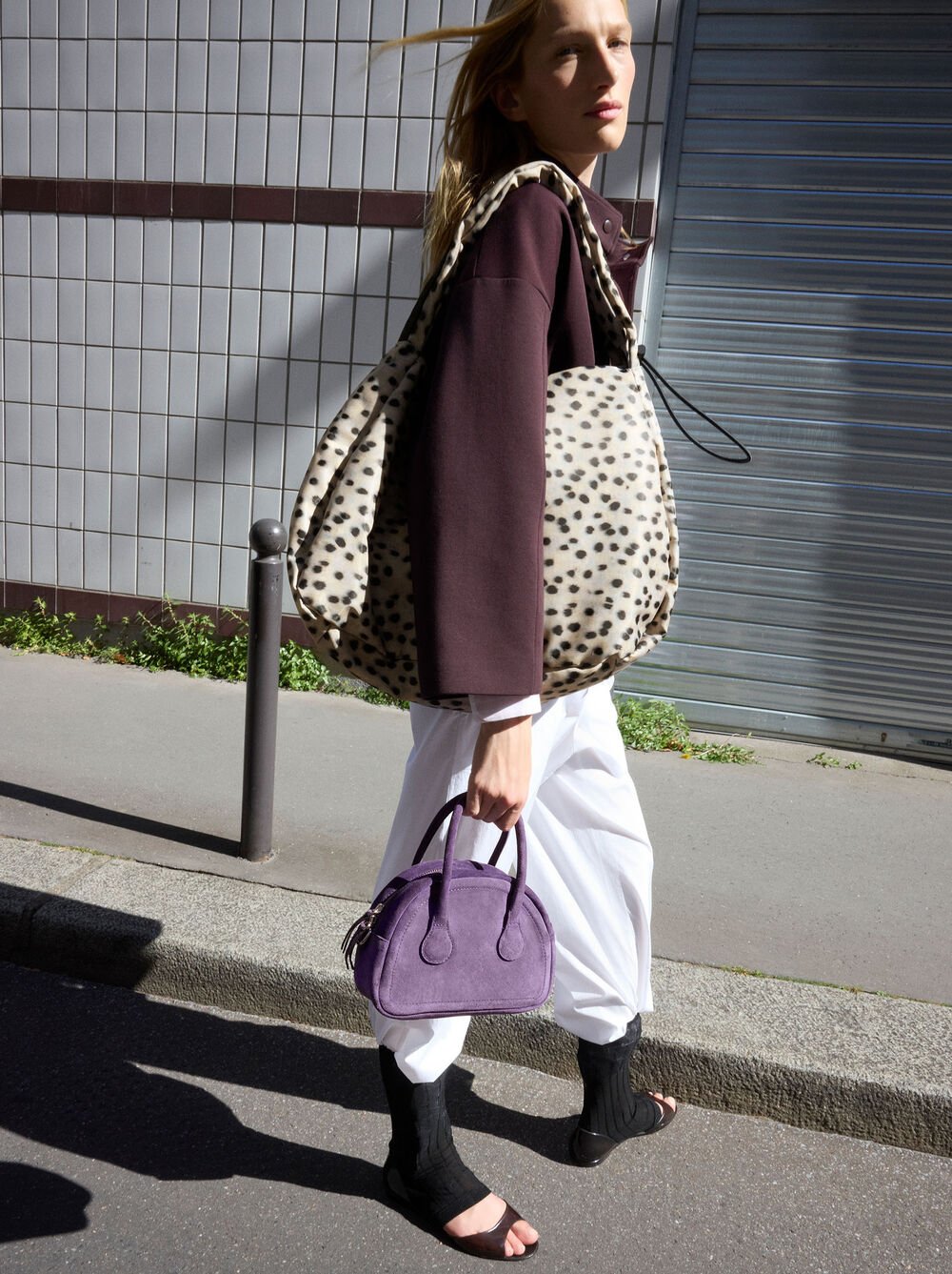 Shoulder bag in printed nylon with animal print