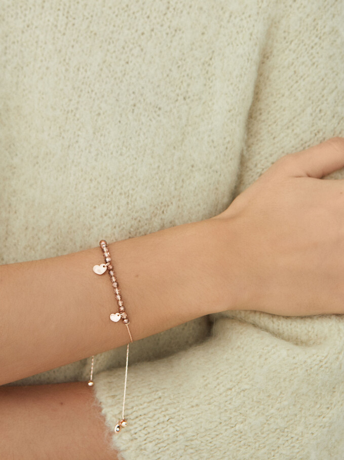 Adjustable Bracelet With Hearts And Beads, Orange, hi-res