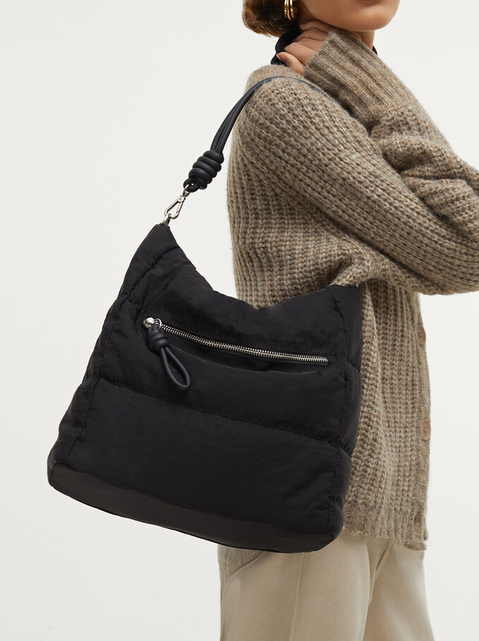 Nylon Shoulder Bag With Knotted Handle, Black, hi-res