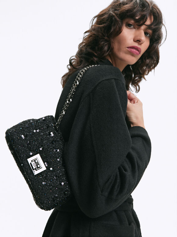 Tweed Bag With Chain Strap, Black, hi-res