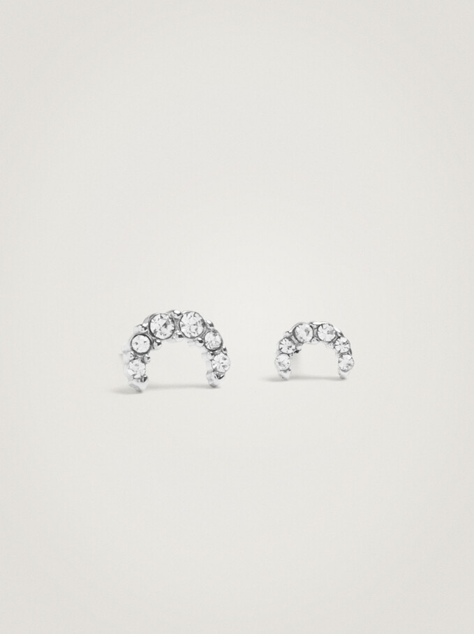 Set Of Short Steel Earrings With Moon, Silver, hi-res