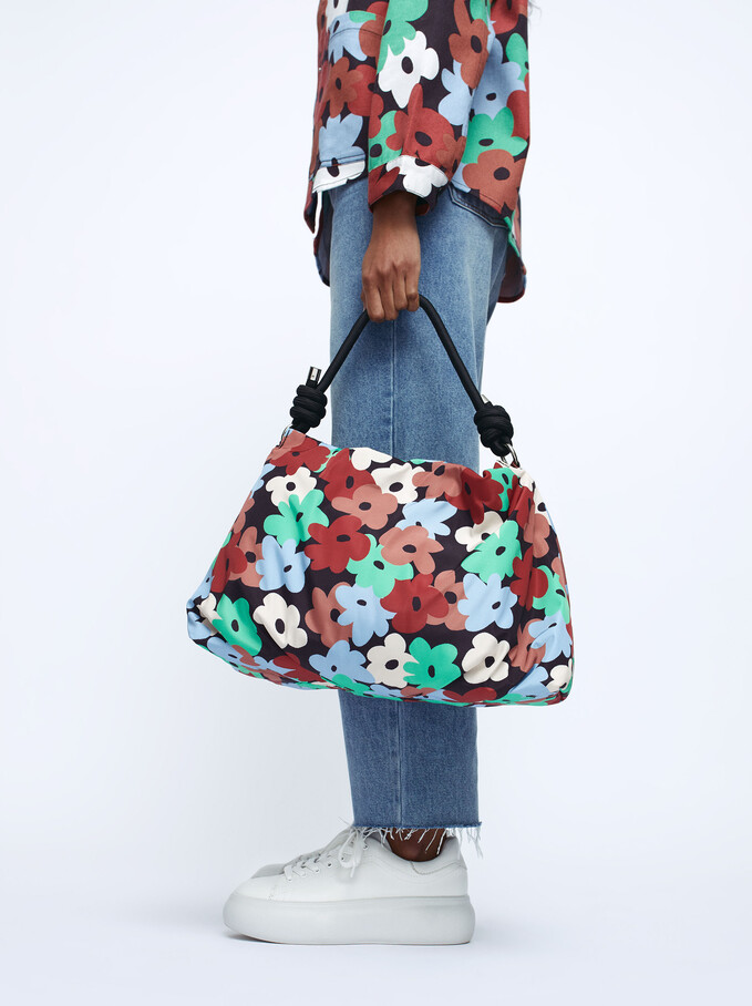 Nylon Flower Printed Shopper Bag, Black, hi-res