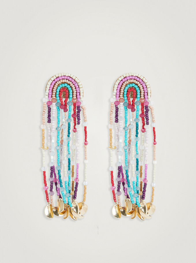 Extra Long Earrings With Beads, Multicolor, hi-res