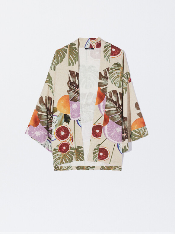 Printed Open Kimono , Multicolor, hi-res