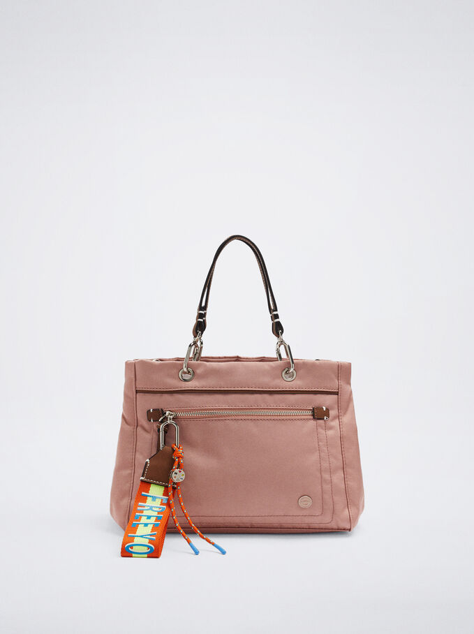 Nylon Tote Bag With Pendant, Pink, hi-res